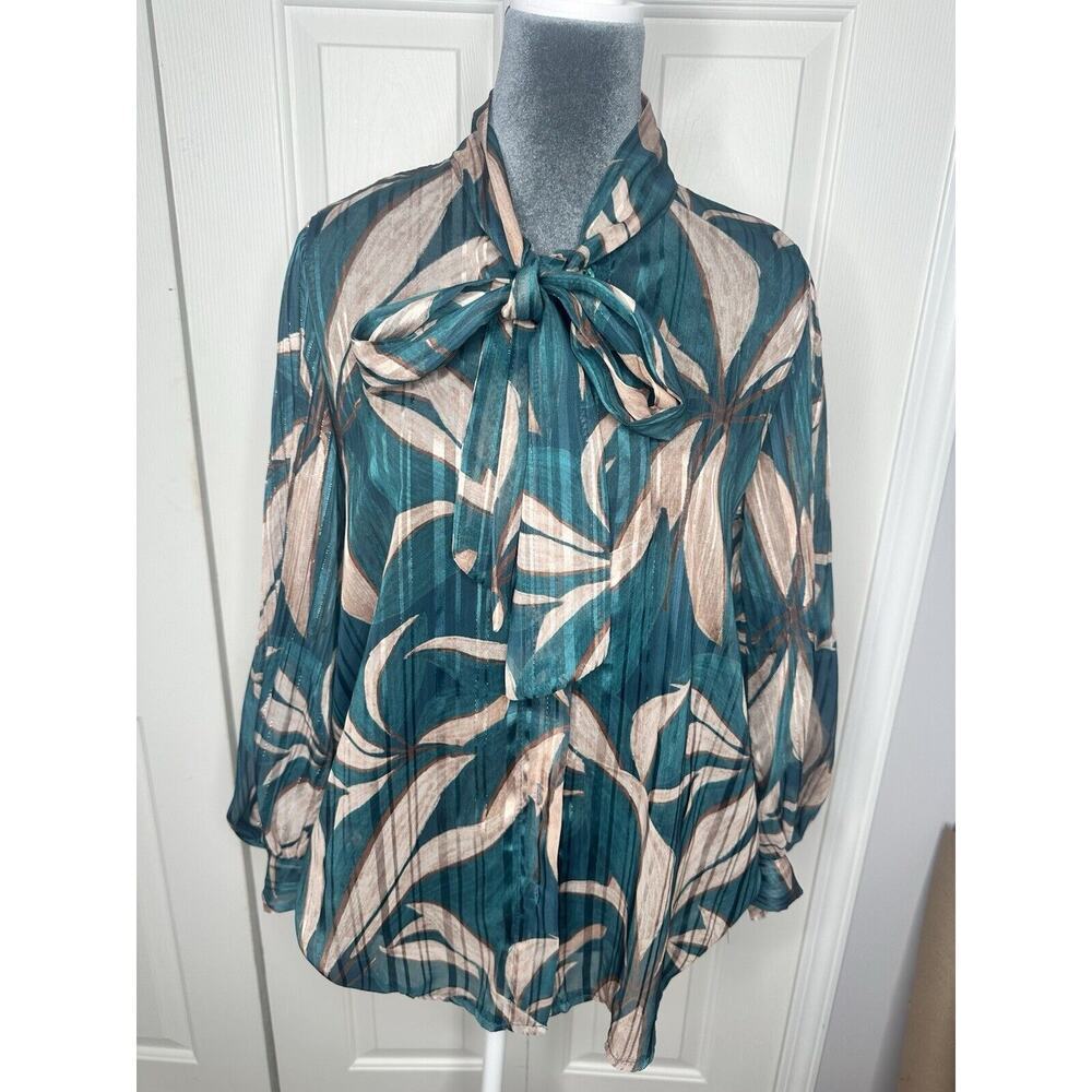 Green & Tan‎ Pleated Sleeves Blouse loose fit size Large